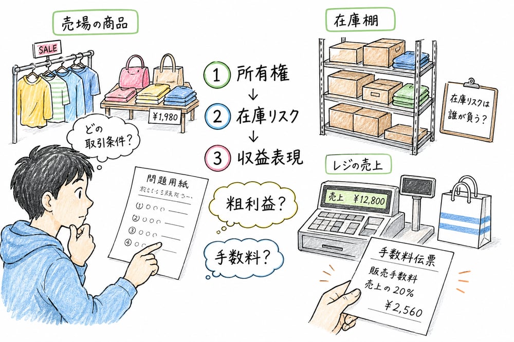 試験で所有権・在庫リスク・収益表現の順に確認する図解