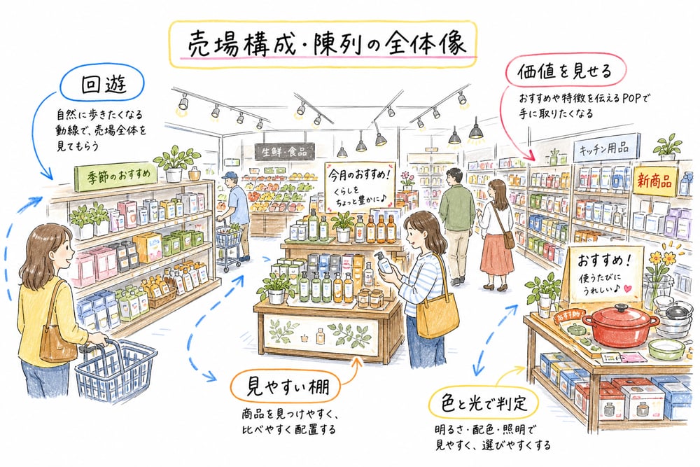 売場構成・陳列の全体像を顧客導線、棚割り、VMD、照明と色彩で整理する図解