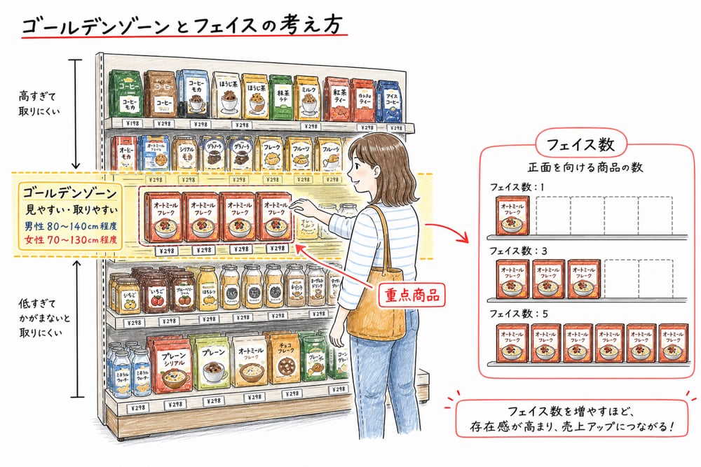 ゴールデンゾーンの高さと重点商品のフェイス数配分を示す図解