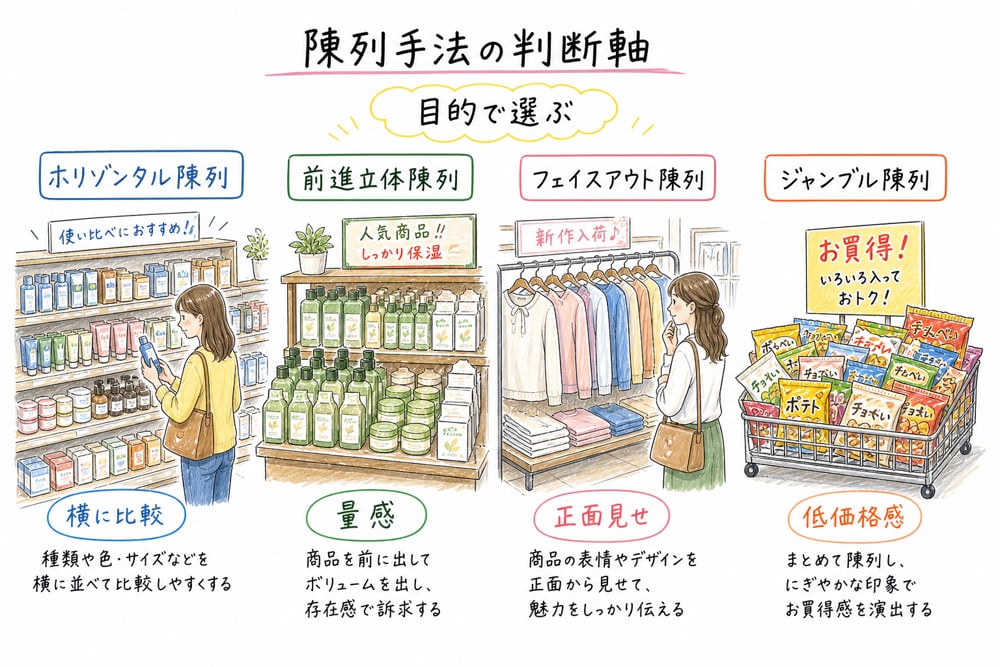 ホリゾンタル陳列、前進立体陳列、ジャンブル陳列、フェイスアウト陳列を目的で比べる図解