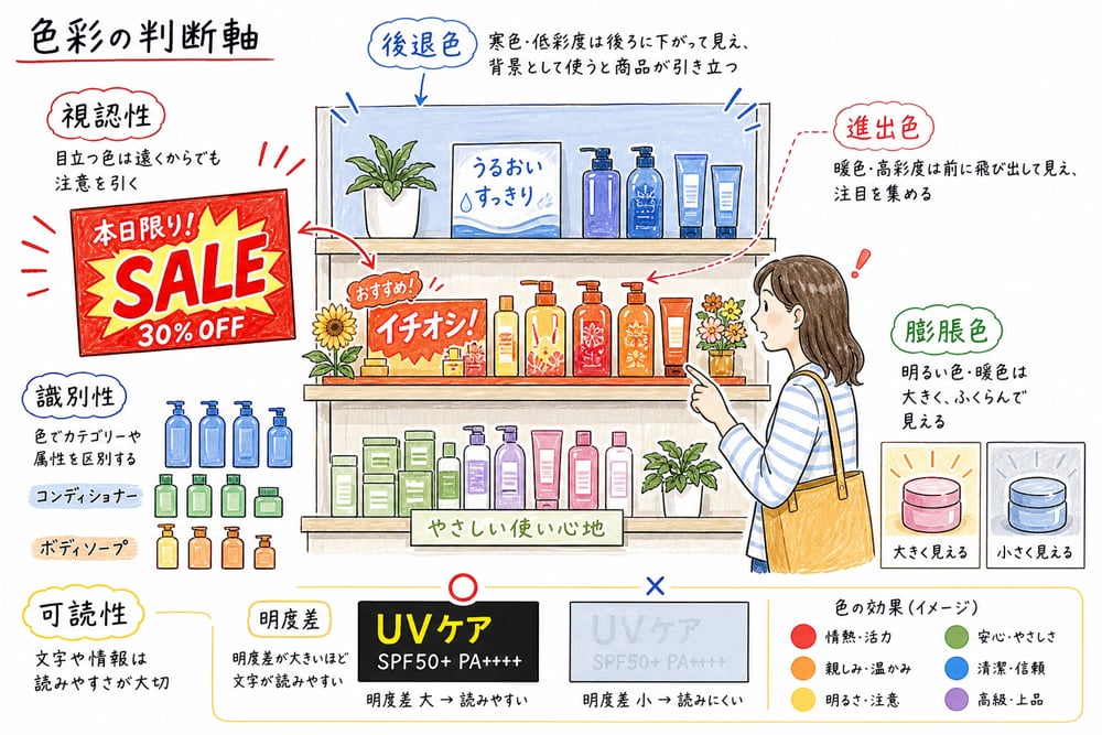 色彩の視認性、後退色、膨脹色、可読性をPOPで整理する図解