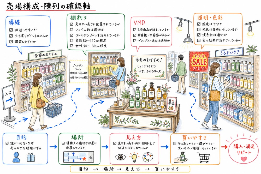売場構成・陳列を導線、棚割り、VMD、照明と色彩の判断軸で確認する図解