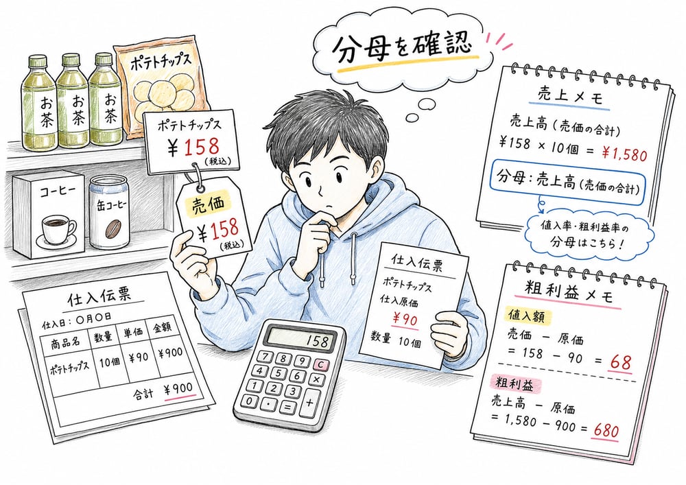 値入率と粗利益率の分母を売価と売上高で確認する図解