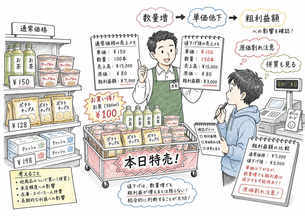 値下げで数量増と単価低下を分けて粗利益を見る図解