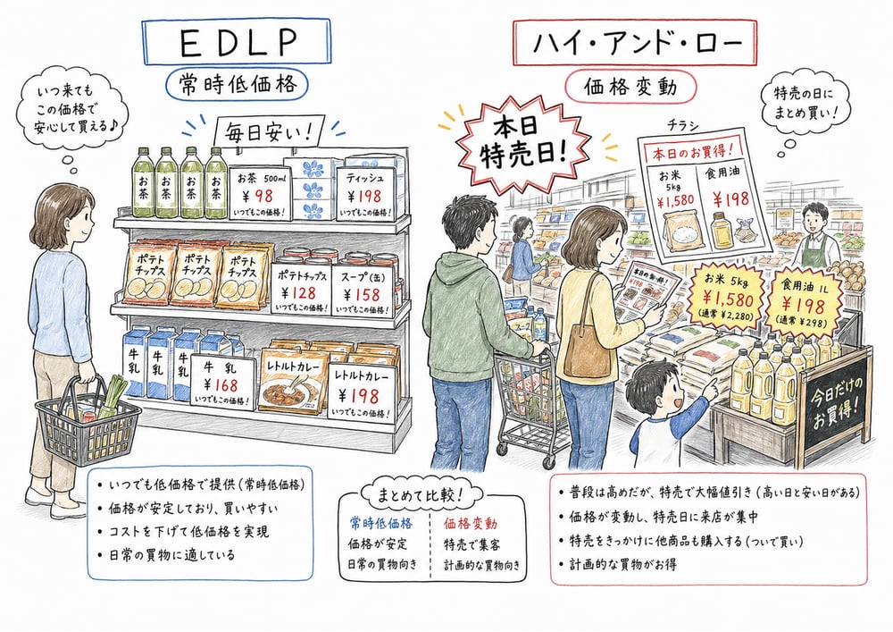 EDLPとハイ・アンド・ローの売場の違いを比較する図解