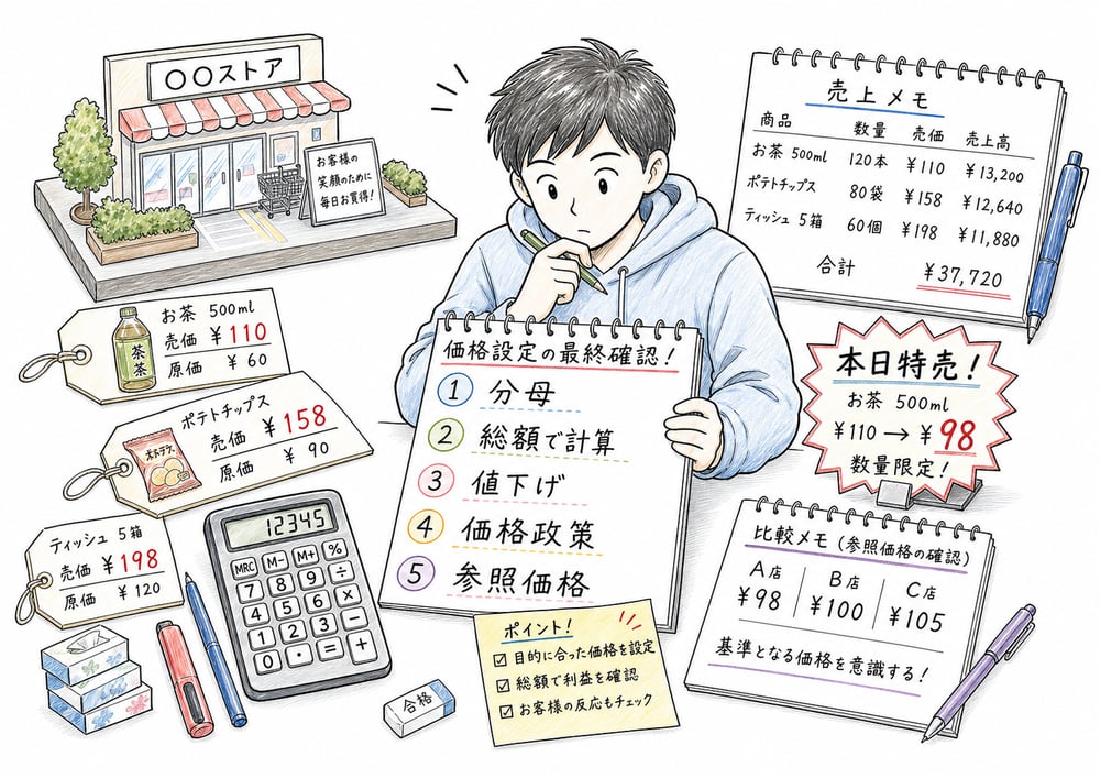 価格設定で最後に確認する分母、総額計算、値下げ、価格政策、参照価格の図解