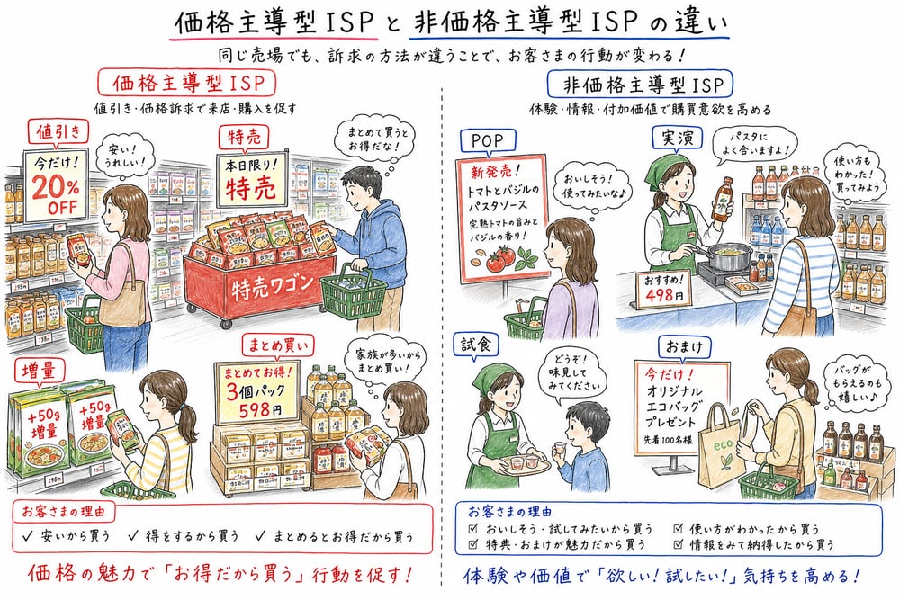 価格主導型ISPと非価格主導型ISPの違いを売場で対比した図解