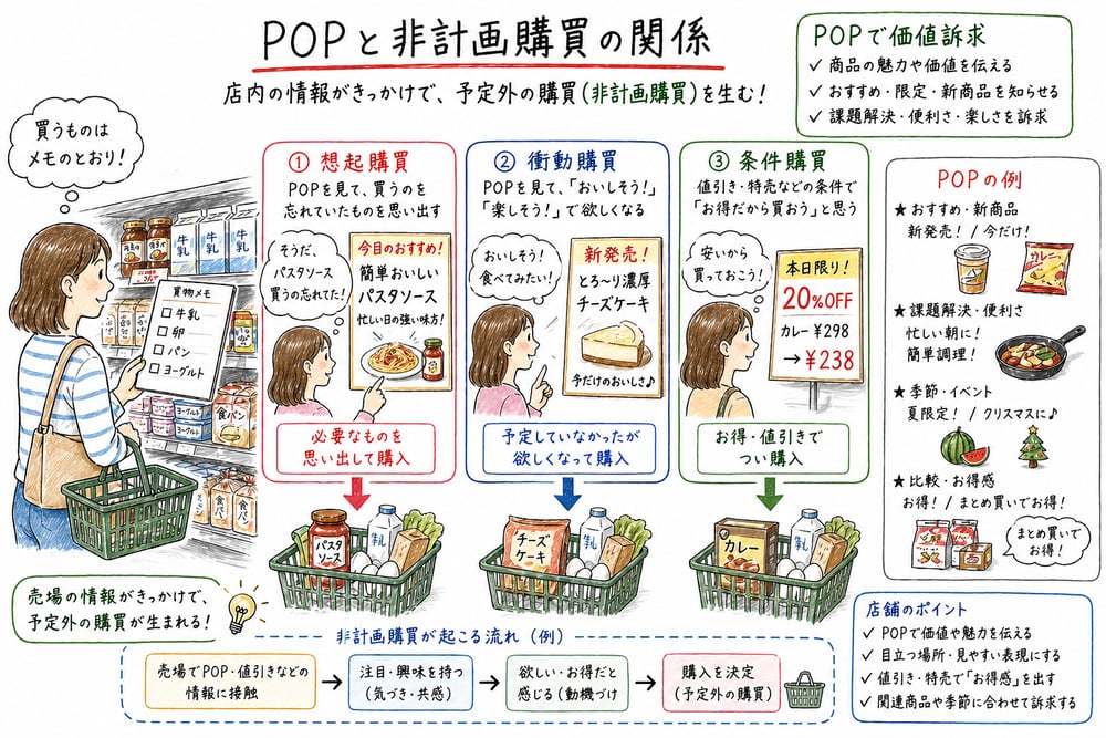 POPと非計画購買の関係を買物メモや値引きタグで整理した図解