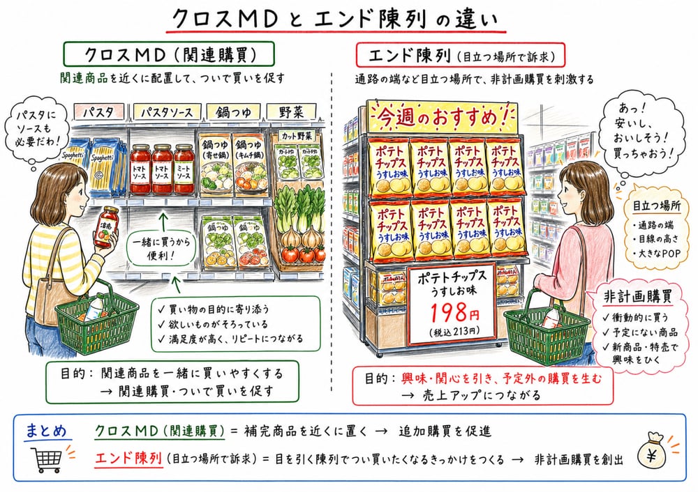 クロスMDとエンド陳列の目的の違いを売場で示した図解