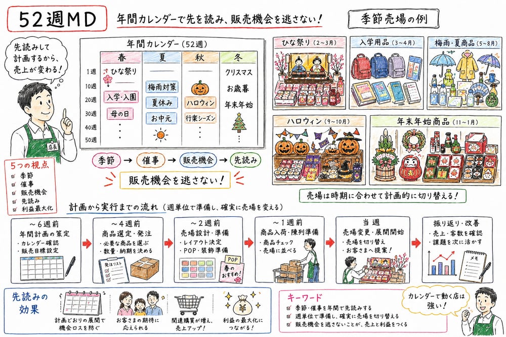 52週マーチャンダイジングを年間カレンダーと季節売場で示した図解