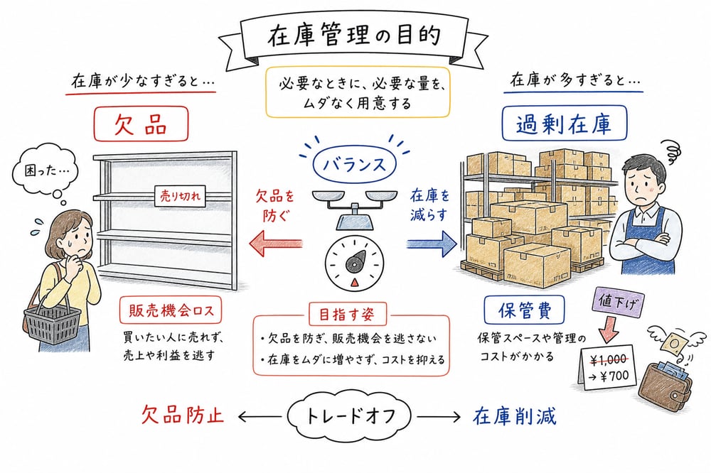 欠品による販売機会ロスと過剰在庫による保管費を比較し、在庫管理の目的を示す図解