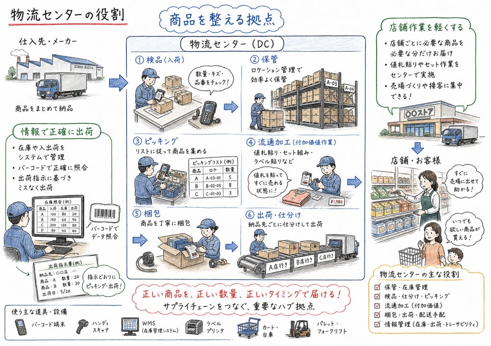 物流センターが商品を整えて店舗や顧客へ出荷する役割の図解