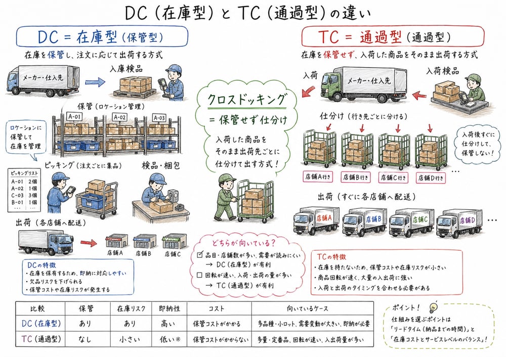 DCとTCとクロスドッキングの違いを比較する図解