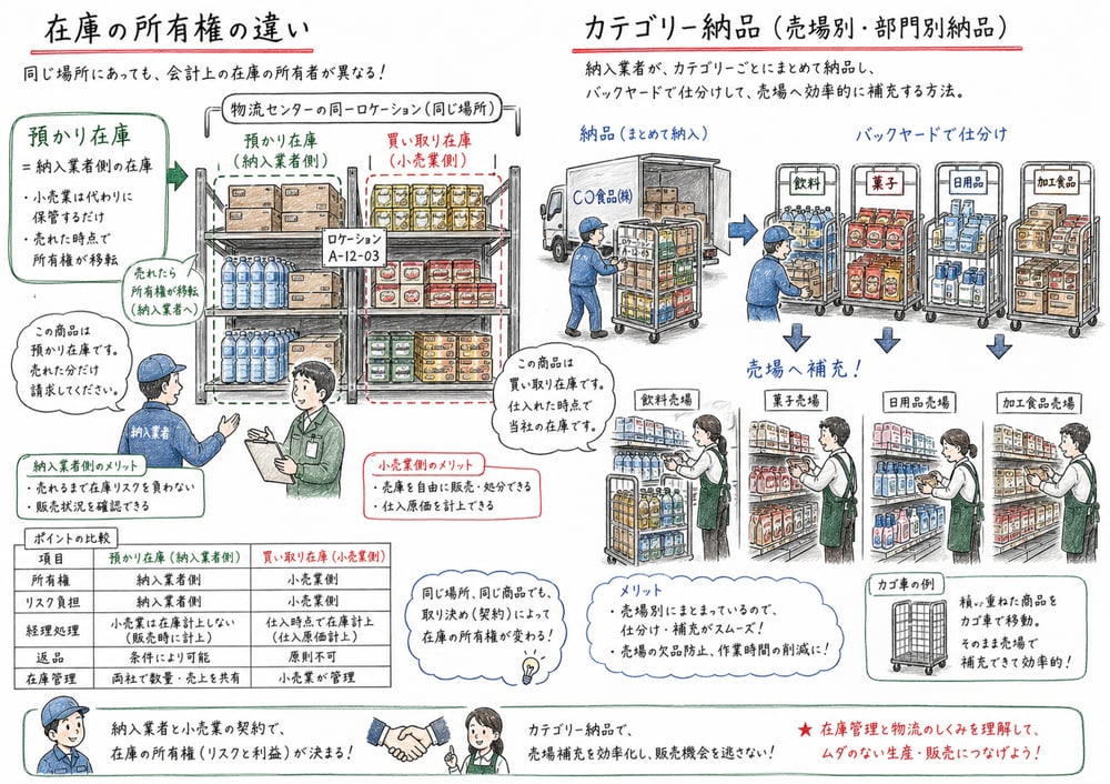 預かり在庫と買い取り在庫の所有権、カテゴリー納品を示す図解