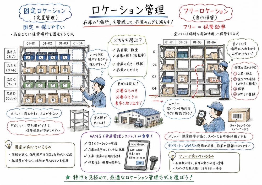 固定ロケーション管理とフリーロケーション管理の違いを示す図解