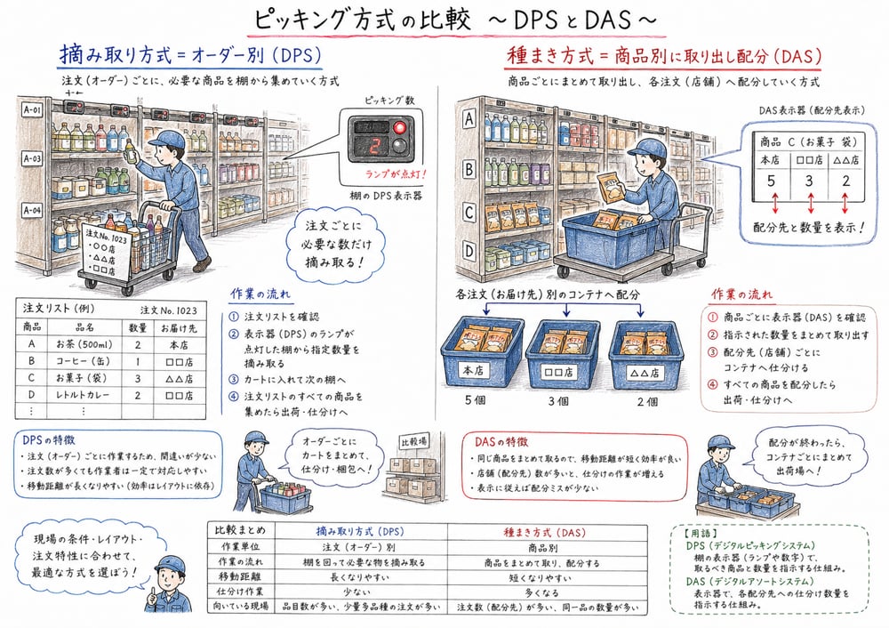 摘み取り方式とDPS、種まき方式とDASの対応を比較する図解