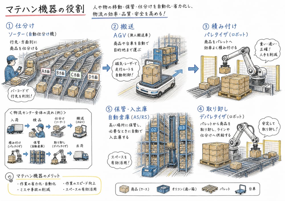 ソーター、AGV、パレタイザなどのマテハン機器の用途を整理する図解