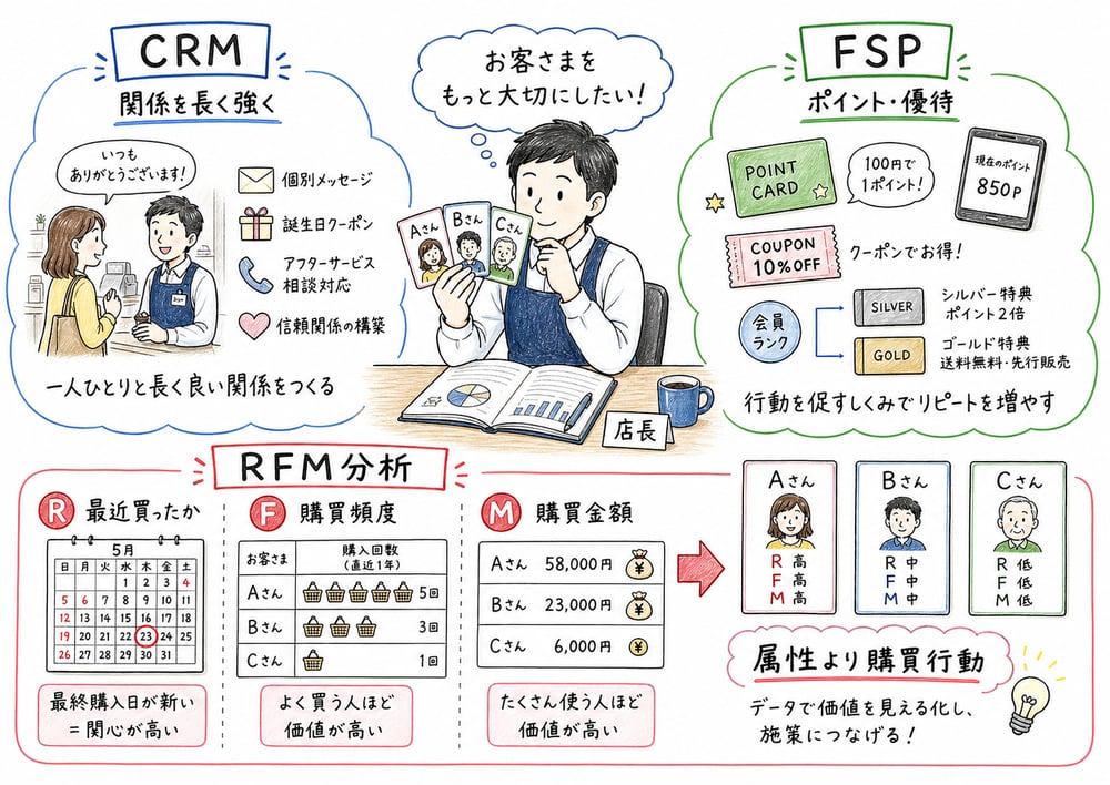 CRM、FSP、RFM分析を顧客関係、ポイント優待、購買行動評価として分けて示す手書き風図解