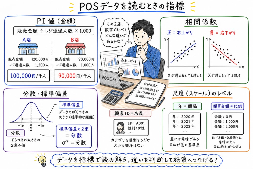 PI値、相関係数、分散、標準偏差、尺度水準をPOSデータの読み取り指標として整理した手書き風図解