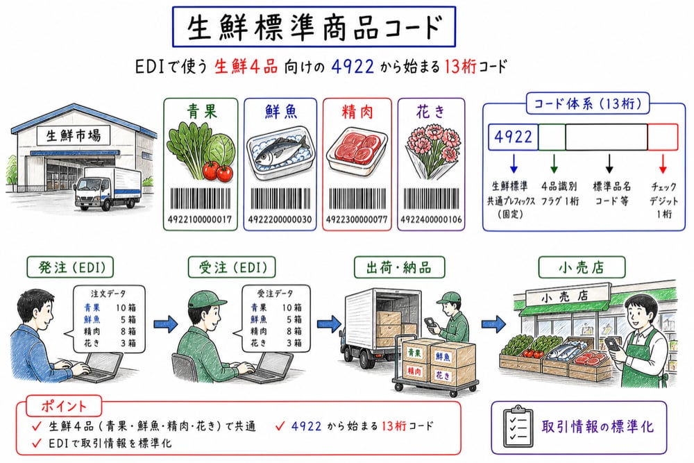 生鮮標準商品コードをEDI、生鮮4品、4922、13桁で整理した手書き図解