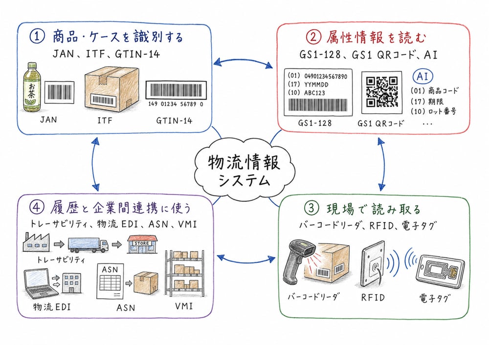 物流情報システムの学習項目を識別、属性情報、読取、履歴管理と企業間連携に分けた導入図