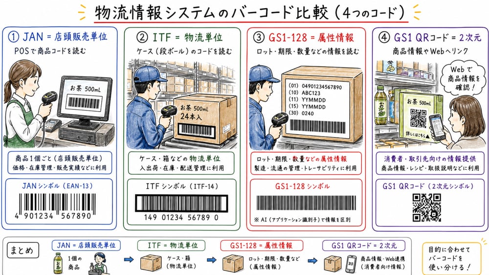 JAN、ITF、GS1-128、GS1 QRコードを利用場面と識別対象で比較した図