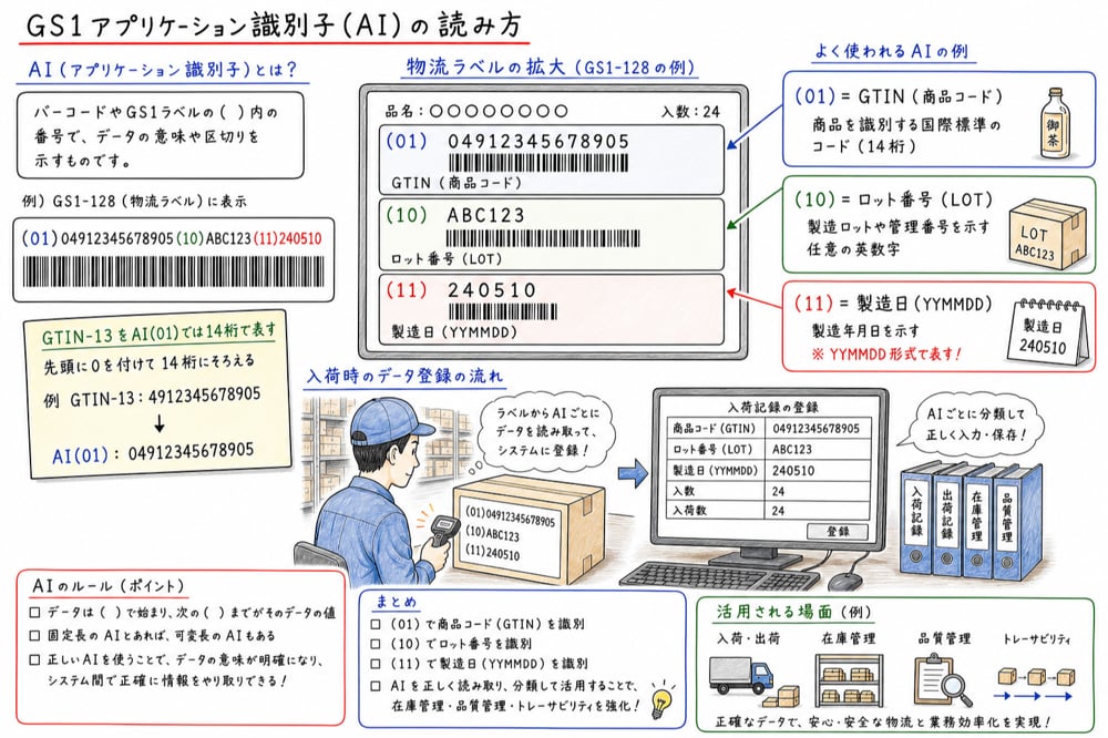 GS1アプリケーション識別子をAI(01)、AI(10)、AI(11)と後続データに分解した図