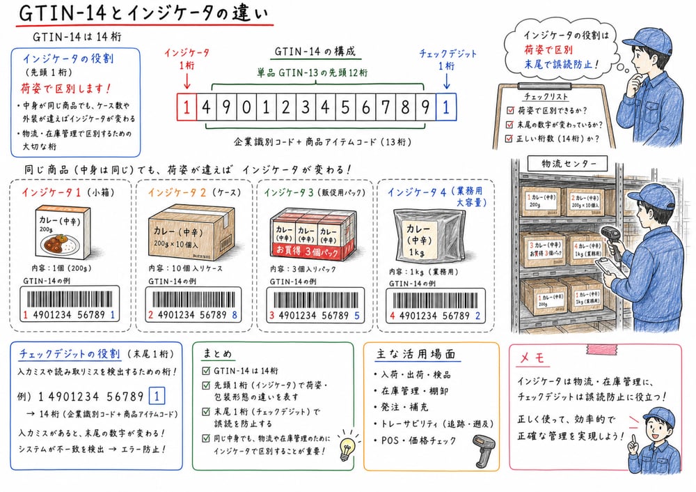 GTIN-14のインジケータとチェックデジットの役割を分けて示した図