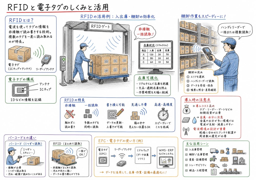 RFIDと電子タグの非接触読取、一括読取、導入上の注意点を整理した図