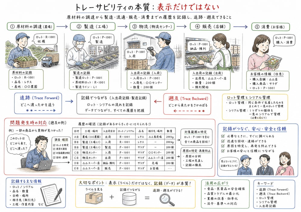 原材料から販売までの履歴を追跡し遡及するトレーサビリティの図
