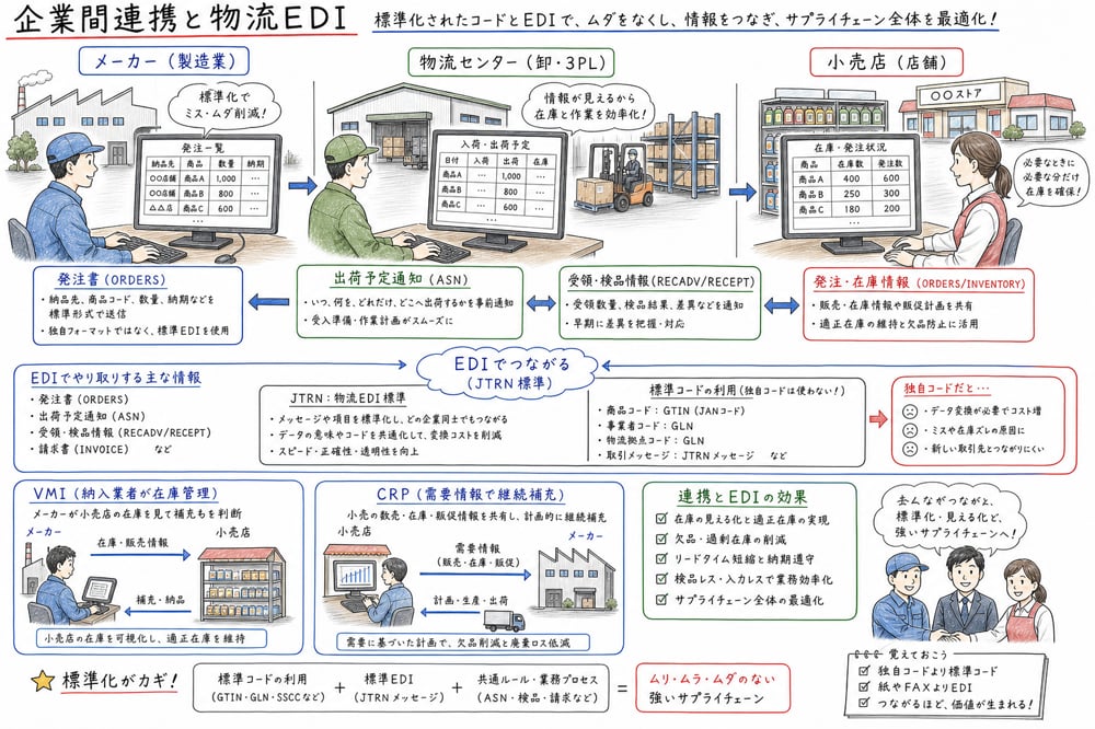 企業間連携と物流EDIにおけるASN、JTRN、VMI、CRPの役割を整理した図