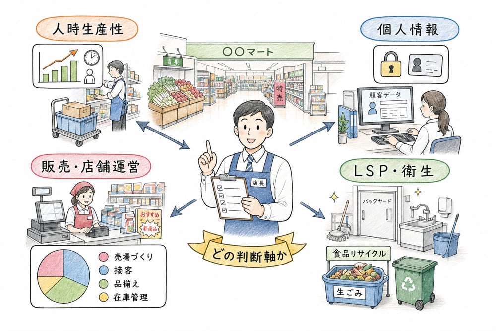 その他店舗・販売管理の論点を店舗運営、情報管理、環境衛生の判断軸へ結び付ける図解