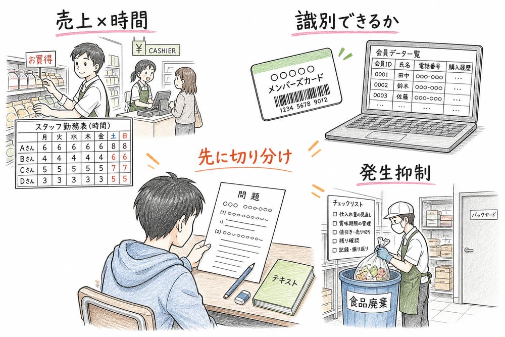 横断論点を売上と時間、識別可能性、発生抑制へ切り分ける図解