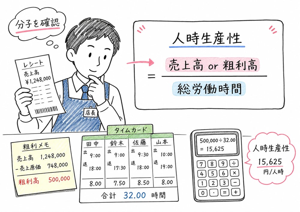人時生産性の分子を売上高または粗利高、分母を総労働時間として確認する図解