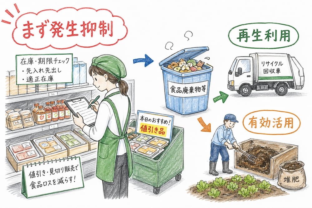 食品リサイクル法で発生抑制を先に置き、再生利用と有効活用へつなげる図解
