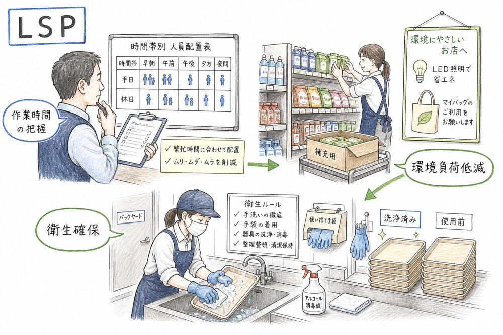 LSP、エコストア、バックヤード衛生管理を店舗運営の目的で整理する図解
