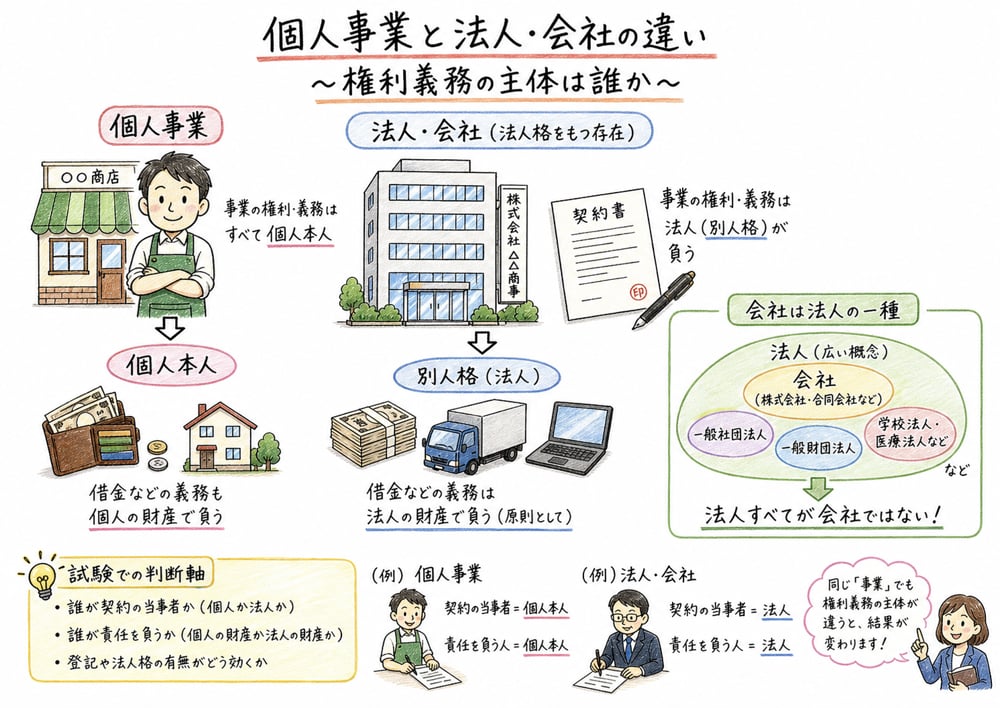 個人事業と法人・会社の権利義務主体の違いを示す図解
