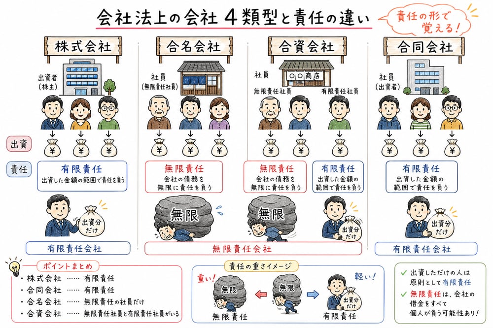 株式会社、合名会社、合資会社、合同会社を責任の形で比較する図解