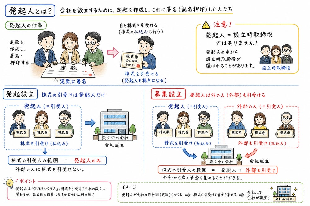 発起人の定義と発起設立・募集設立の株式引受人の違いを示す図解