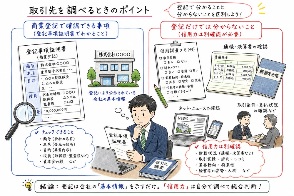 商業登記で確認できる事項と信用力として別確認すべき事項を示す図解