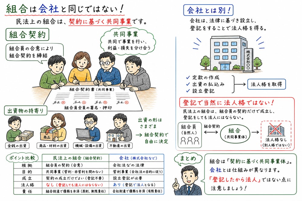 民法上の組合が契約に基づく共同事業であり会社と異なることを示す図解