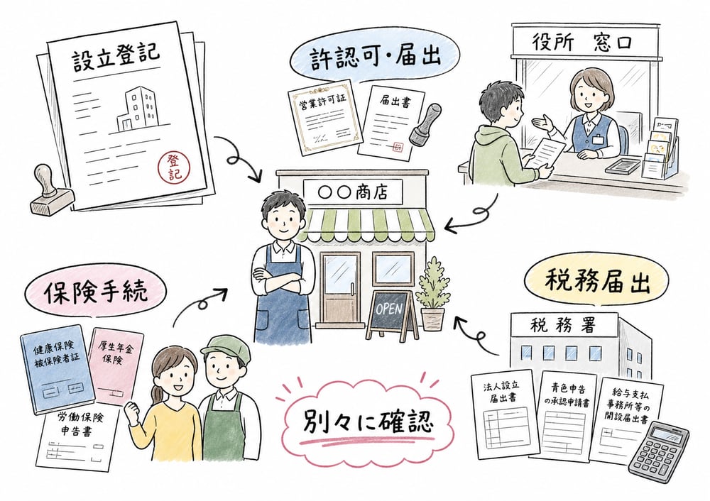 事業開始時の周辺手続を設立登記、許認可、保険、税務に分けて示した図解