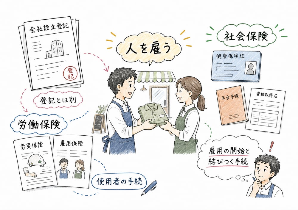 従業員を雇うと労働保険・社会保険の手続が発生することを示した図解
