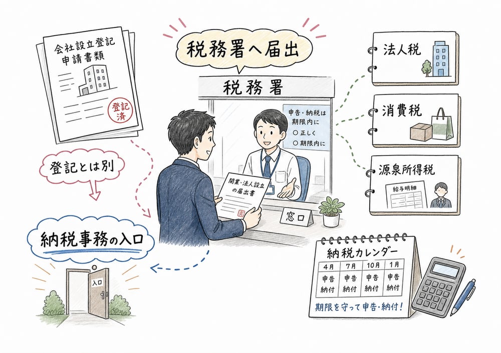 税務上の届出が納税事務の入口になることを示した図解