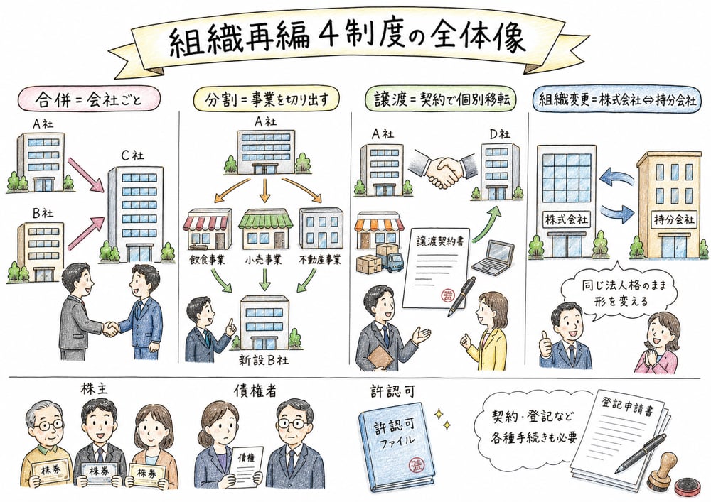 合併、会社分割、事業譲渡、組織変更の違いを場面で整理する図解