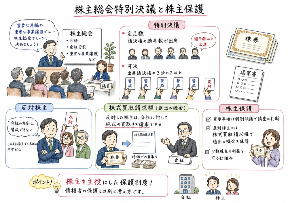 重要な再編や事業譲渡で株主総会特別決議と株式買取請求権を確認する図解