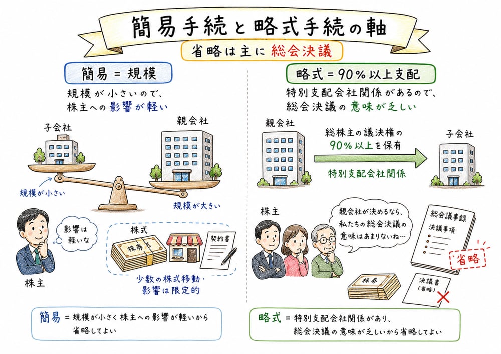 簡易手続は規模、略式手続は支配関係で整理する図解