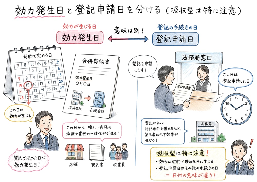 効力発生日と登記申請日を別の日付として読む図解