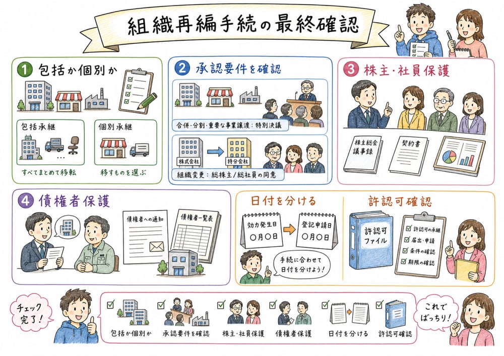 合併、会社分割、事業譲渡、組織変更の判定軸を章末で確認する図解