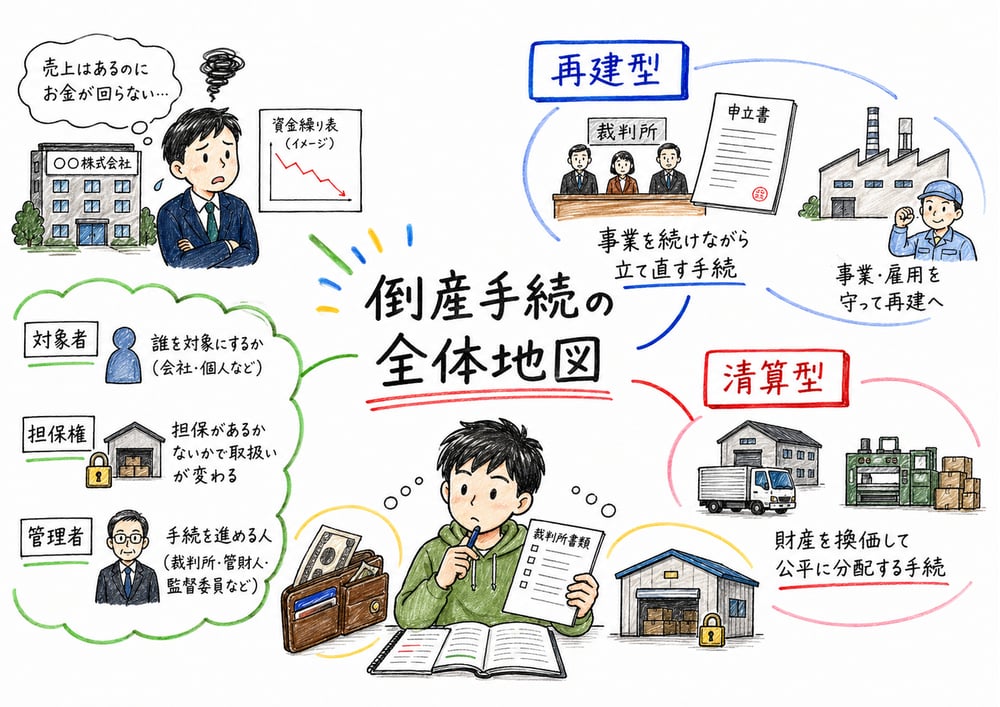 倒産手続を再建型と清算型に分けて、対象者、担保権、管理者を確認する図解